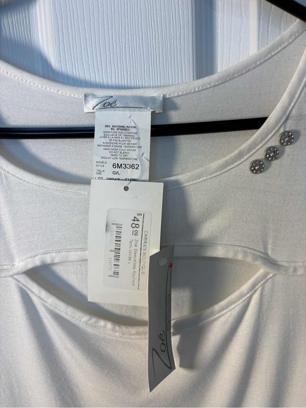 White Cutout Sleeveless Tank with Decorative Shoulder Buttons - Picture 2 of 6